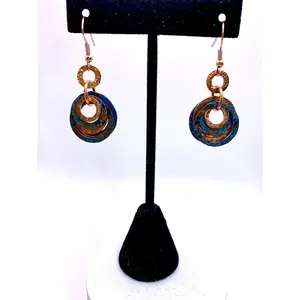 Deep Blue Patina Raw Solid Copper Earrings, Ear Dangles, Minimalist BoHo, Artisan Washer Jewelry, Recycled, For Her, Handmade in the USA