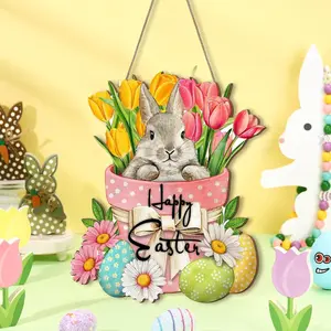 Easter Bunny Wooden Door Hanger, Colorful Tulips Daisies Chicks, Spring Wreath Decor, Indoor Outdoor Wood Decoration, Easter Party Home Accent, Ornaments Decor
