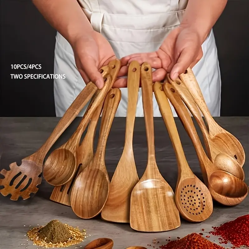 4/10 Piece Natural Wood Kitchen Utensil Set, Wooden Cooking Utensils, Ergonomic Handle, Heat Resistant, Suitable for Non-Stick Pans, Durable Wooden Structure