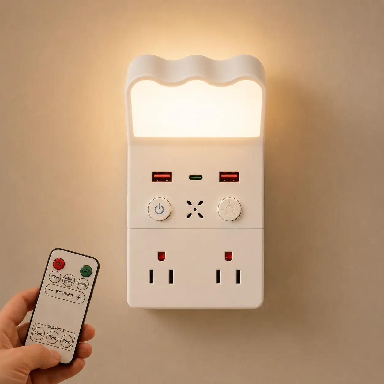 ZOOVE Remote Control Night Light Outlet Extender, Plug in Wall Night Light with USB C & USB Ports, 3 Color Modes, Dimmable Bedside Wall Lamp, Phone Holder, Timer Outlet Adapter for Bedroom, Bathroom, Kitchen