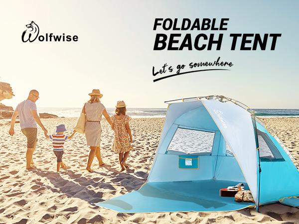 WolfWise Easy Up Beach Tent UPF 50+ Portable Instant Sun Shelter with Spring Opening System, 3 Sandbags, 4 Wind Ropes & 10 Stakes for Stability Outdoorfun,summerwins