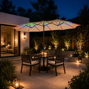 【12 LED Lights Modes】Yaheetech 2026 New 13/15ft Massive Patio Umbrella UV & Weather Resistant with Multi-Mode LED Lights Strips and Base Stand Triple-Vented Outdoor Umbrella