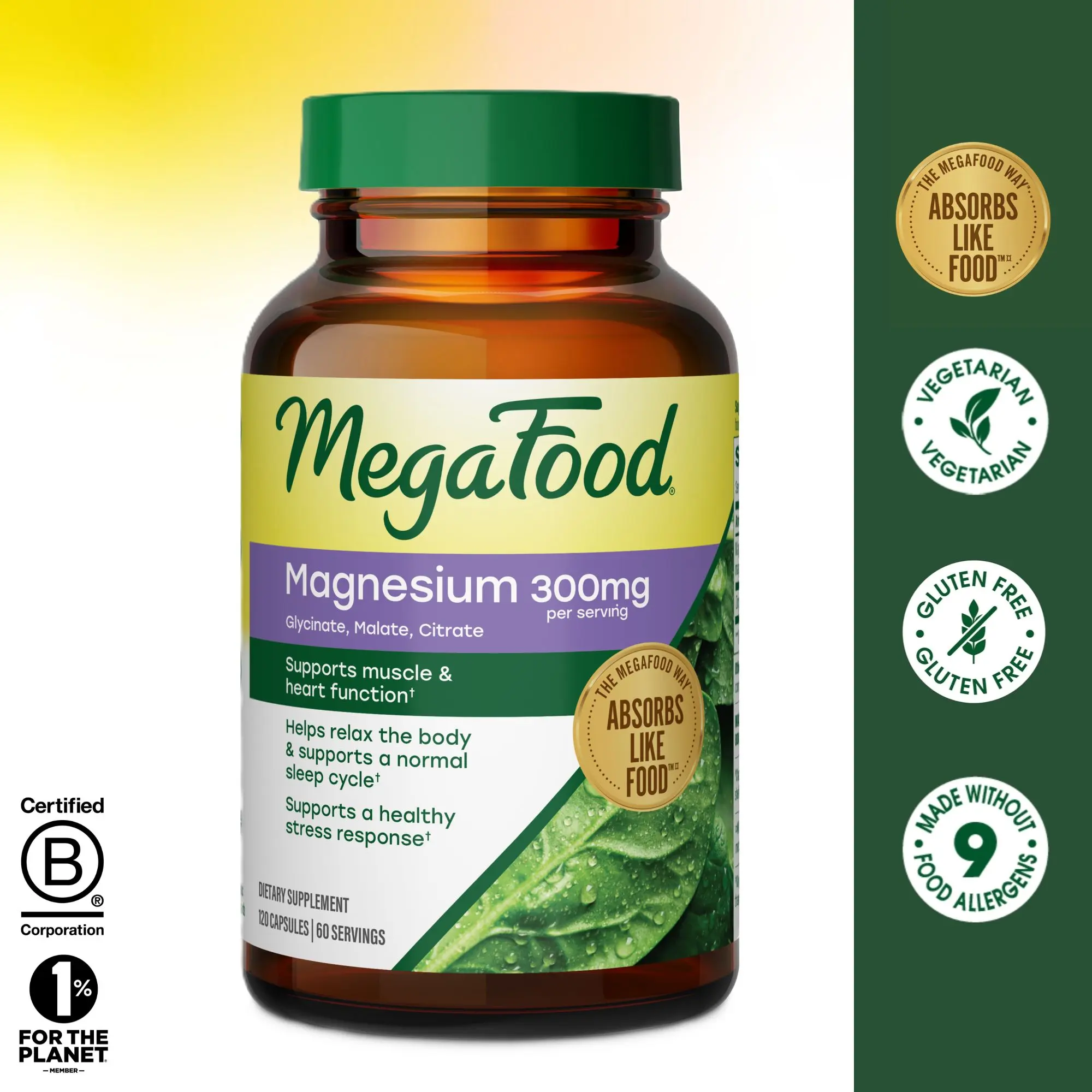 MegaFood Magnesium Glycinate, Citrate & Malate 300mg; Highly Absorbable Triple Magnesium Complex for Women & Men; Supports Heart, Bone, Nerve Health & Normal Sleep Cycles