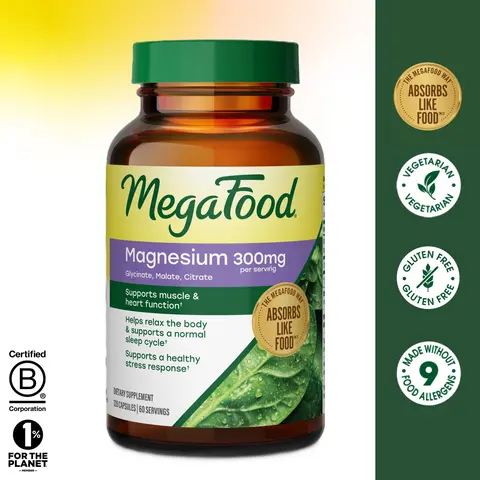 MegaFood 3-Form Magnesium Dietary Supplement Capsules, 300 mg Glycinate-Citrate-Malate Complex, Glyphosate-Free, Dairy Free, Highly Absorbable, Adult Daily Selfcare, Supports Heart-Bone-Nerve Health & Gentle Muscle Ease, Bottle