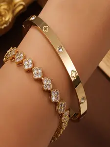 Stainless Steel Heart Design Elegant Jewelry Bracelet Set with 18k Gold Plated Four-Leaf Clover Zirconia Chain, Daily Wear Jewelry Gift