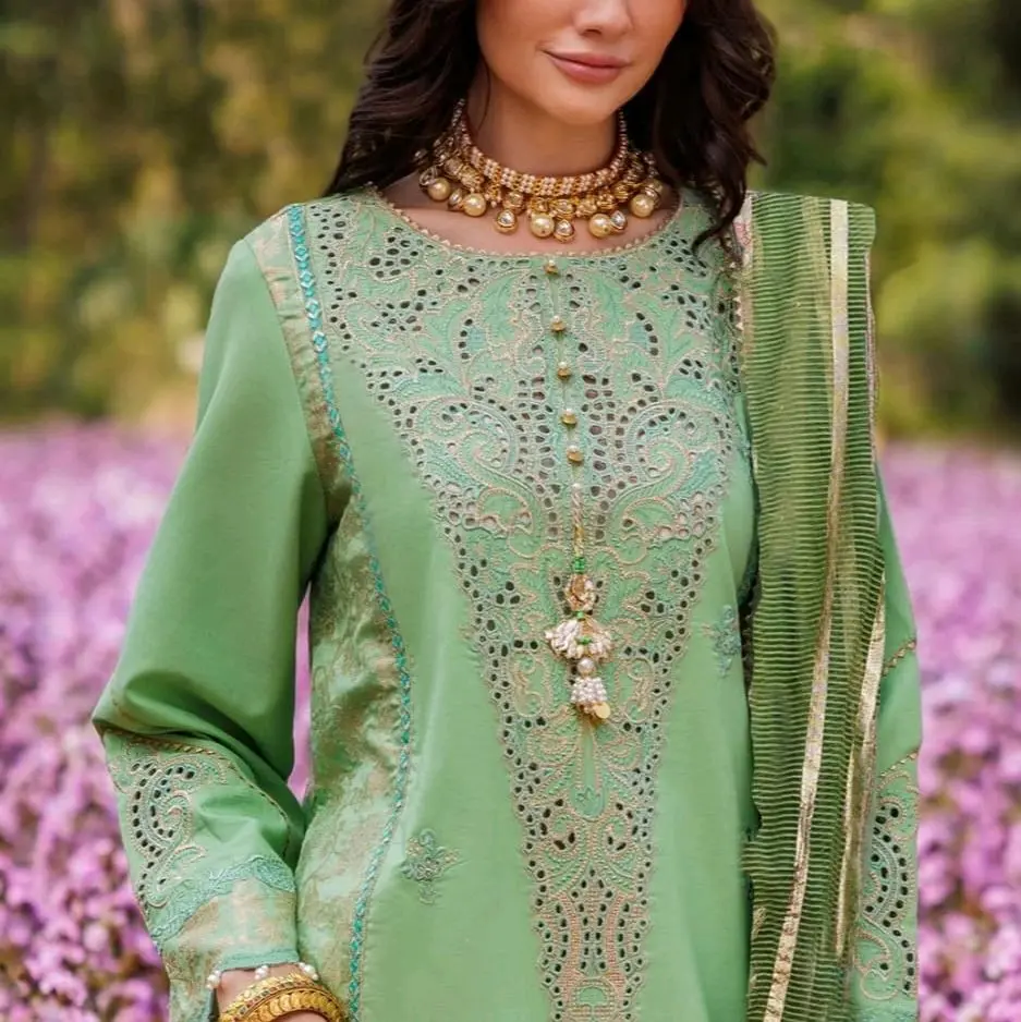 3pc stitched beautiful chickenKari embroidered suit with zari dupatta for casual and partywear