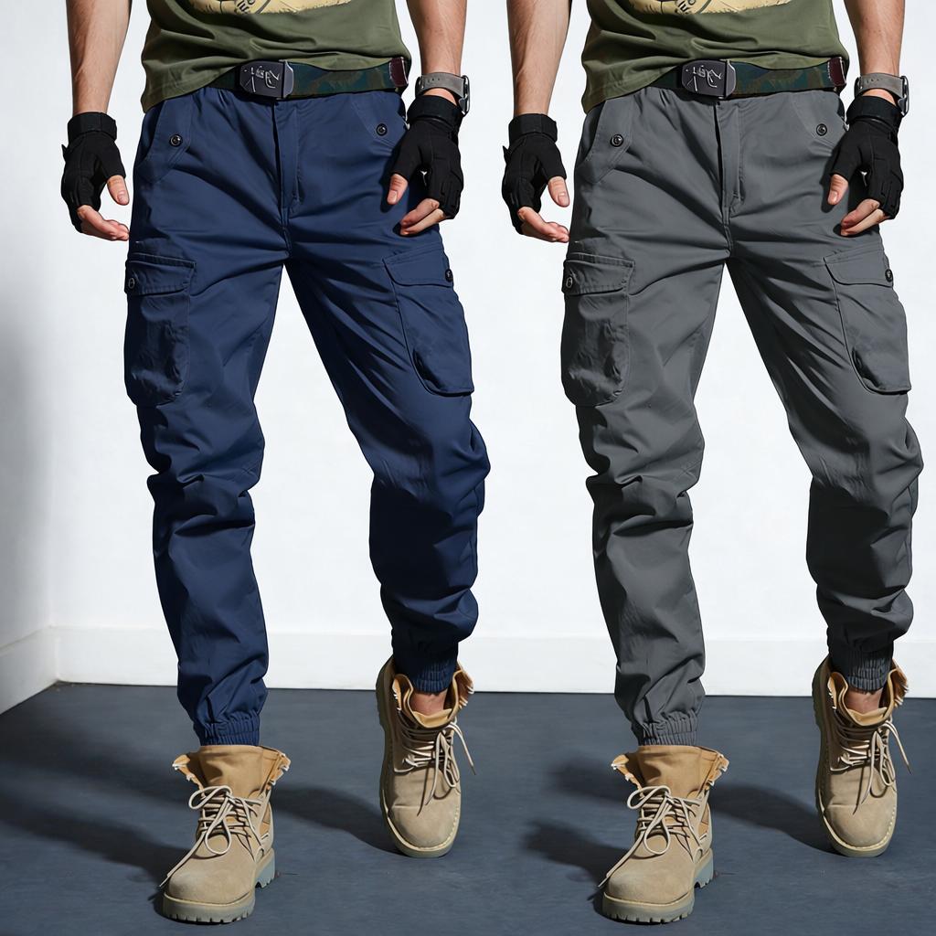Two-pack: woven plain fabric and solid-color men’s cargo pants featuring an elastic waistband with drawstring, a loose straight tapered fit, multiple pockets including large pockets—ideal for everyday casual wear and work, perfect for cargo outfits and ou