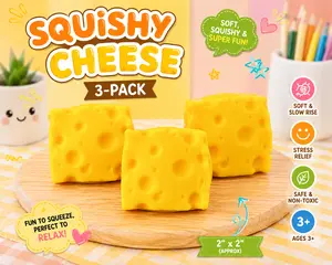3-Pack Cheese Style Squishy Sensory Squeeze Toys, 2” x 2”