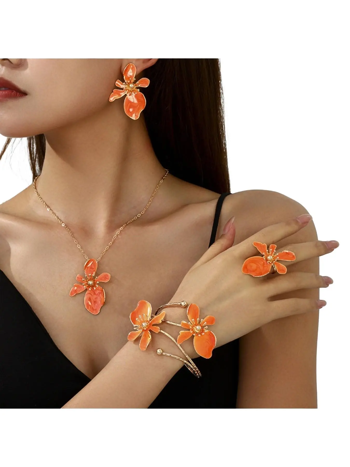 5pcs Floral Jewelry Set, Alloy Material, Multi-Layer Flower Design, Necklace, Earrings, Bracelet, Ring, Perfect for Parties, Travel, Weddings