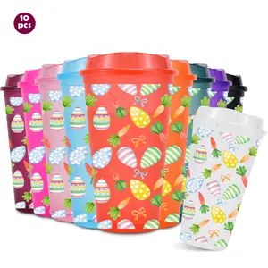 10pcs/16oz/510ml/Bright Glitter Plastic Tumblers With Lid And Straw,Water Bottle,Iced Coffee Cup,Festival Party Supplies,Colorful Easter Egg And Carrot Pattern Tumblers,The Best Gifts For Family And Friends On Easter,Mother's Day,And Valentine's Day