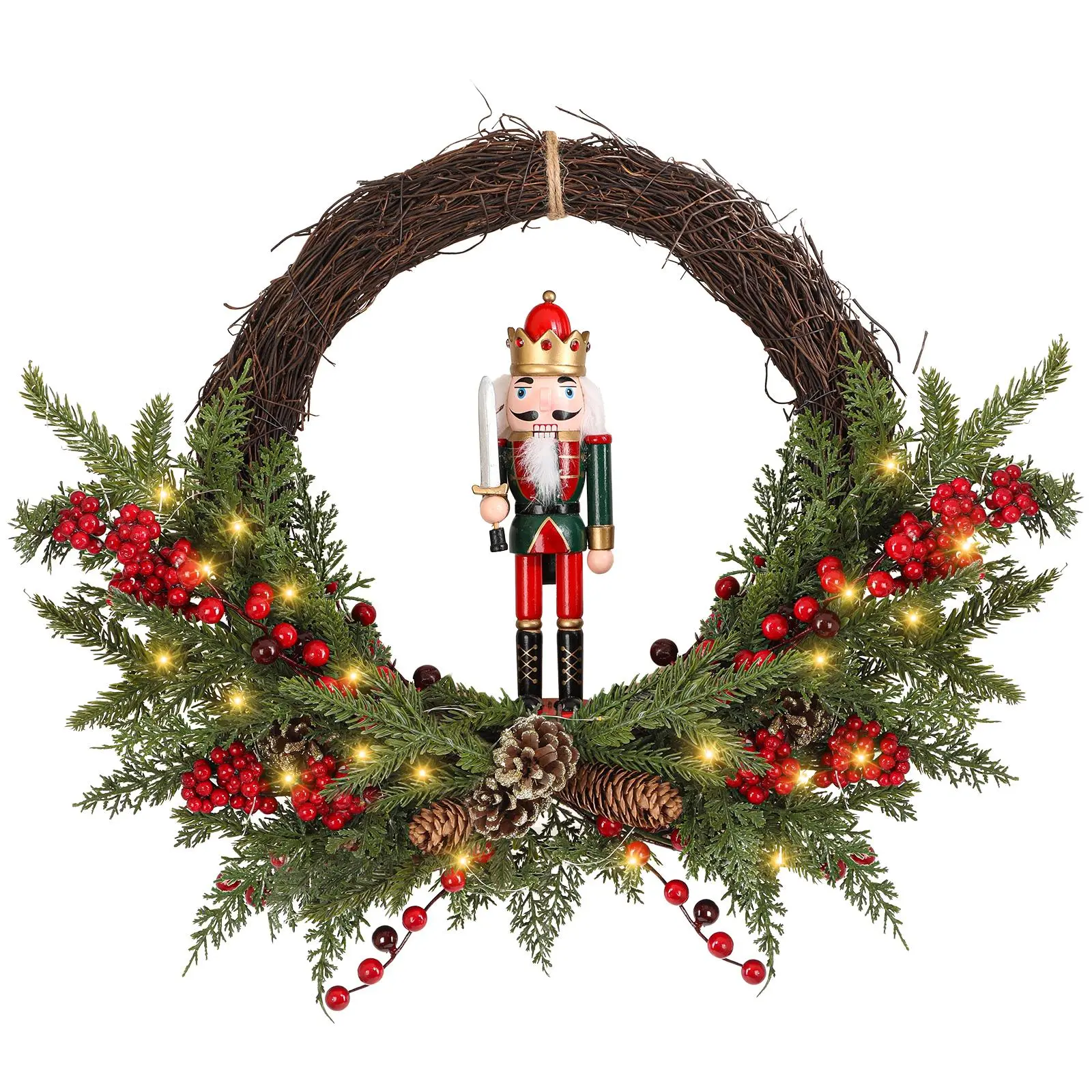 24" Christmas Nutcracker Berry Wreath with 30 LED Lights, Battery Operated for Indoor Outdoor Door Holiday Decor
