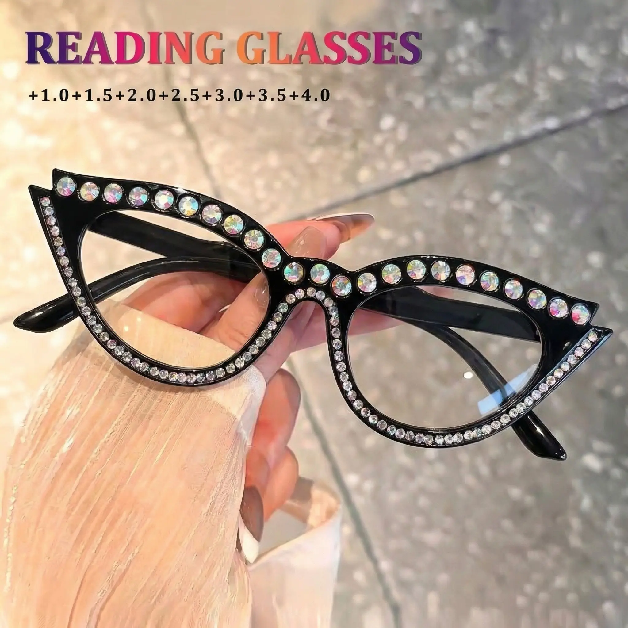 Women's Rhinestone Cat Eye Reading Glasses, Fashion Diamond-Embedded Eyewear, Trending Eyeglasses, +1.0 to +4.0 Diopter, Stylish Old-Fashioned Readers