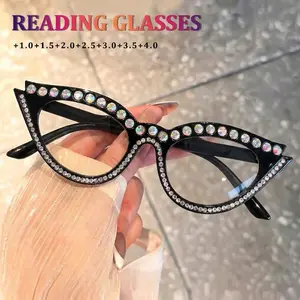 Women's Rhinestone Cat Eye Reading Glasses, Fashion Diamond-Embedded Eyewear, Trending Eyeglasses, +1.0 to +4.0 Diopter, Stylish Old-Fashioned Readers