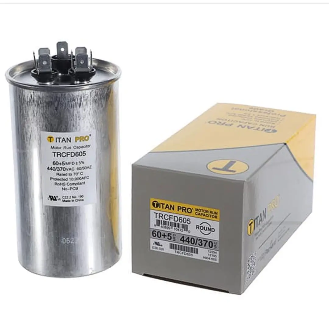 Titan Pro 60+5 MFD 440V Round Run Capacitor – Dual Run HVAC Motor Capacitor, 60/5 µF 440V AC, Round Air Conditioner & Heat Pump Replacement Capacitor for Condenser Fan and Compressor Motors