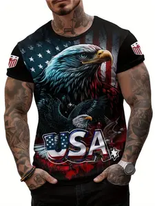 Patriotic Eagle Pattern Casual Fashion 3D Printed Graphic T-Shirt, Comfortable Short Sleeve Top, All Seasons Long T-Shirt, Fitted Style