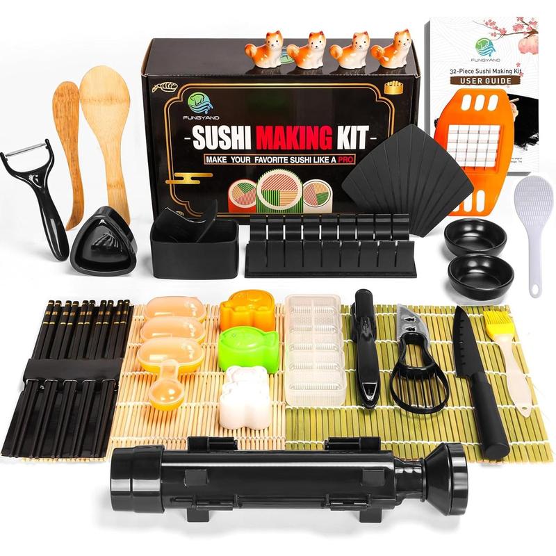 Sushi Making Kit, 32-in-1 Complete Set with Bazooka Roller, Nigiri & Musubi Presses, Bamboo Mats, Knife, Peeler, Animal Rice Molds, Chopsticks & More – Perfect for Family Fun