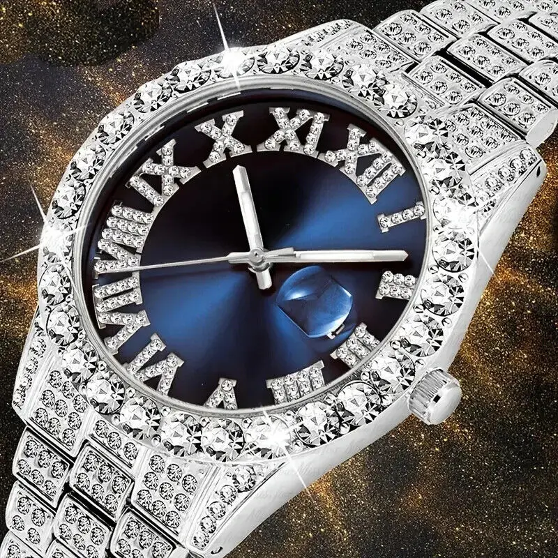 MaxBling81 Men's Iced Out Quartz Watch, Hip Hop Style Jewelry, Silver Plated with Blue Analog Dial and Adjustable Band, Jewelry Watch, Quartz Wristwatch