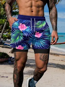 Men's Hawaiian Quick-Dry Beach Shorts, Swimming Shorts, Double Layer Sun Protection Inner Lining, Casual Fitted Swim Surf Pants, Drawstring Waist