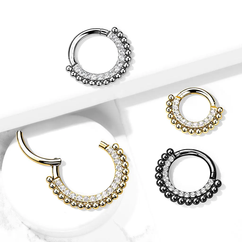 16G CZ Beaded Hoop • Clicker Ring • Nose Ring • Septum Ring • Seamless Hoop • Hinged • Helix • Cartilage Piercing • Daith • Earring