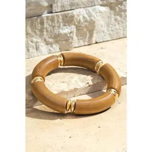 Light Wood and Steel Bead Stretch Bracelet, Nickel/Lead Compliant, Fashion Accessories