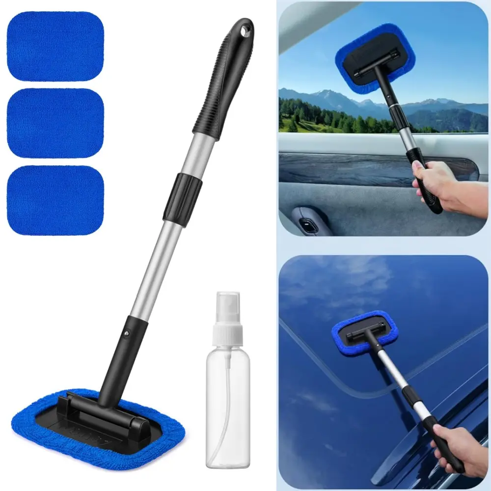 Extendable Car Window Cleaning Kit with Detachable Handle, 4 Pcs Washer Towels, Spray Bottle & Ice Scraper – Cleans Interior/Exterior for Cars, Trucks; Suitable for Floors, Televisions