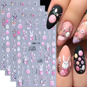 Easter Nail Art Stickers Decals Flower Nail Stickers 4PCS 5D Self-Adhesive Easter Colorful Easter Egg Spring Floral Bunny Design Slider Manicure