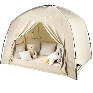 Portable Bed Tent for Kids and Adults, 100% Breathable 93% Blackout Dream Play Tent, 3 Doors Big Privacy Space Sleeping Canopy for Indoor, Fits Twin Full Queen Size Beds, Khaki Queen Size