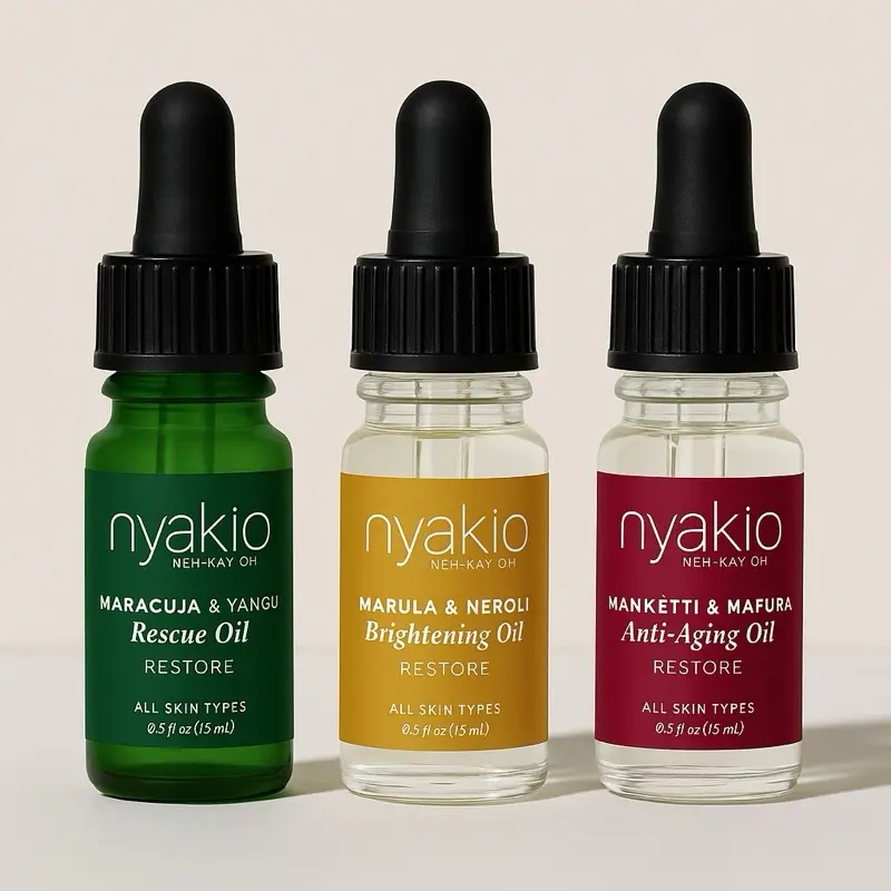 NYAKIO Cold Pressed Facial Oil Discovery Kit - 3-Piece Multi-Pack with Marula, Neroli & Manketti Oils, Moisturizing Bottle for Hydrate, Brighten, Anti Aging & Glow Up (All Skin Types), Floral, Non Toxic