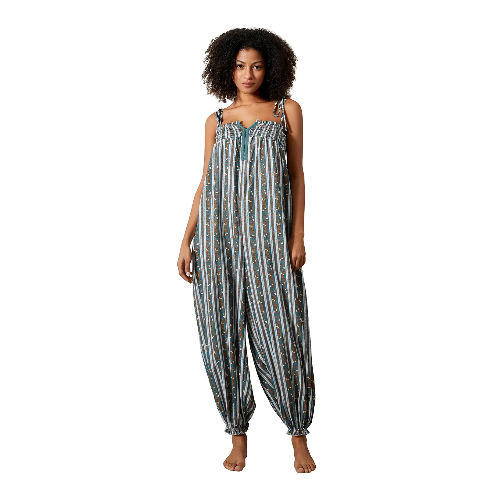 Women Summer Cami Jumpsuits Retro Floral Print Tie-Up Spaghetti Strap Sleeveless Long Rompers Fashion Loose Playsuits