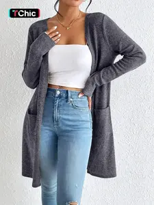 Women's Solid Long Sleeve Fitted Longline Cardigan, Elegant Fashion Casual Knitwear for Daily Outdoor Wear, Women Knitting Clothing for Fall & Winter, Lady Tops, Womenswear