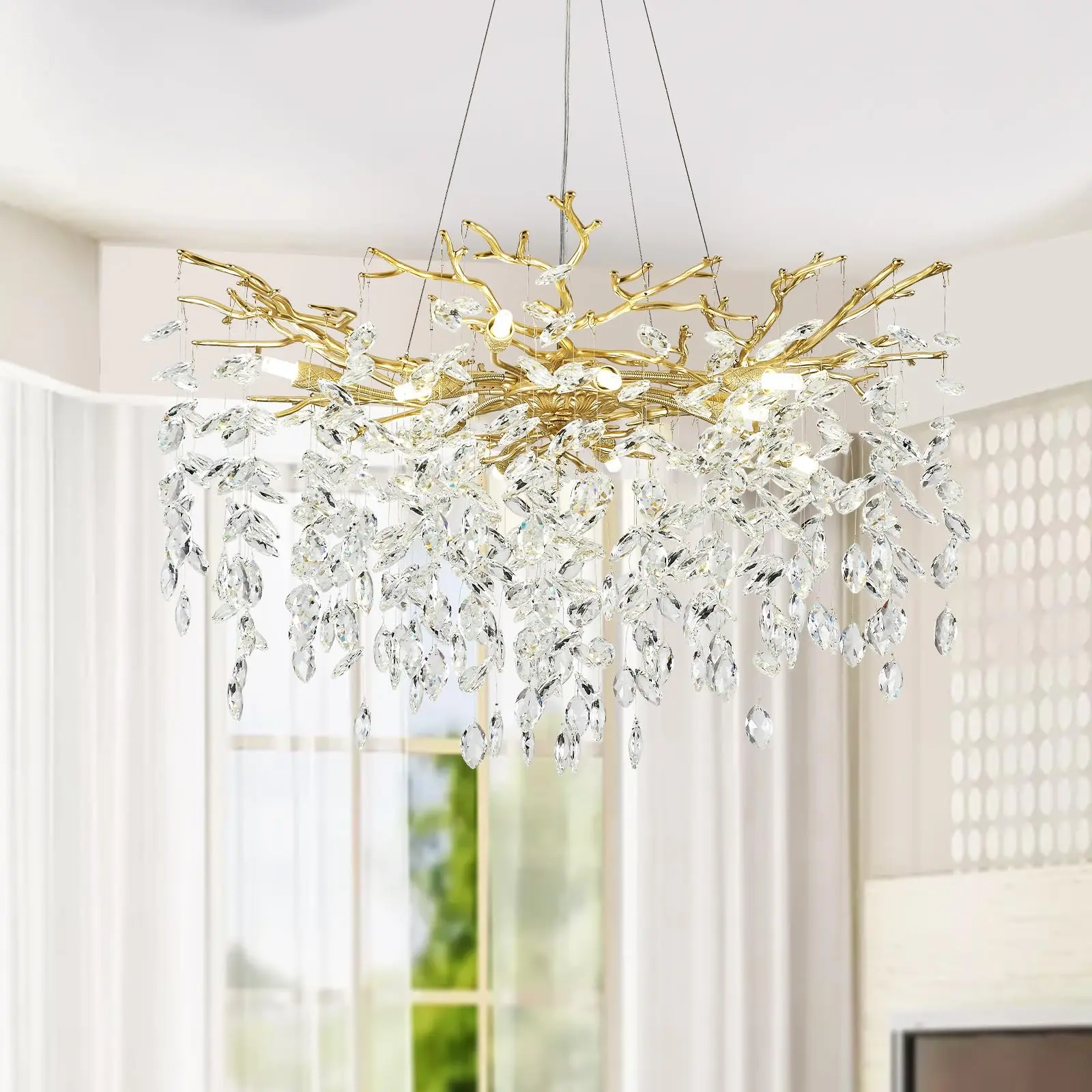 Modern Gold Tree Branch Crystal Pendant Light - Luxury Raindrop Home Decor Ceiling Light Fixture for Dining Room, Living Room, Foyer, Home Decor Light, Ceiling Lights