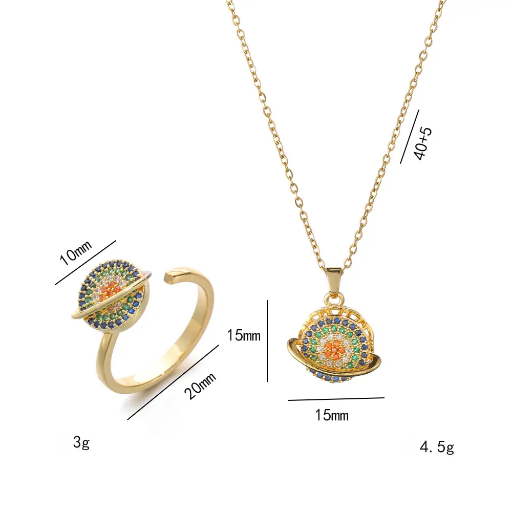2PCS Planet  Jewelry Set, Necklace & Ring for Women, Rotatable Colorful Ring, Popular Unique Design, Planet Rotating Open Design Ring