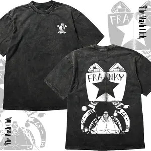 Franky Iron Pirate Cyborg Vintage Graphic Tee - One Piece Anime Inspired Streetwear T-Shirt - BF-37 Battle Franky Oversized Acid Wash Heavyweight Cotton Shirt - Japanese Aesthetic Harajuku Style Pump Cover Gym Shirt - Unique Monochrome Manga Design Top