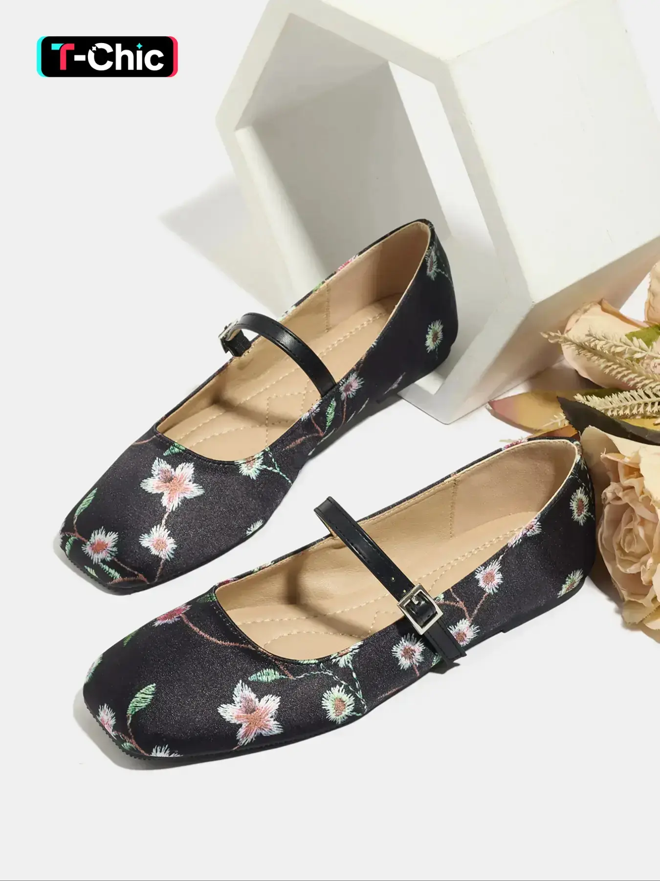 Women's Square Toe Mary Jane Shoes, Casual Trendy Flat Walking Shoes PU Leather Flats with Floral Pattern, Soft Sole Rubber Bottom, All Season Fashion Footwear