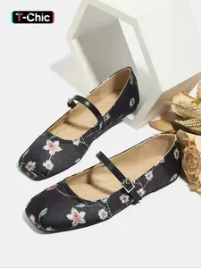 Women's Square Toe Mary Jane Shoes, Casual Trendy Flat Walking Shoes PU Leather Flats with Floral Pattern, Soft Sole Rubber Bottom, All Season Fashion Footwear