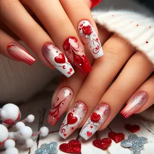 24pcs Valentine's Day Limited Edition Heart Rose Press-On Nails, Gradient, Sweet Cool Style, Easy to Apply, Reusable