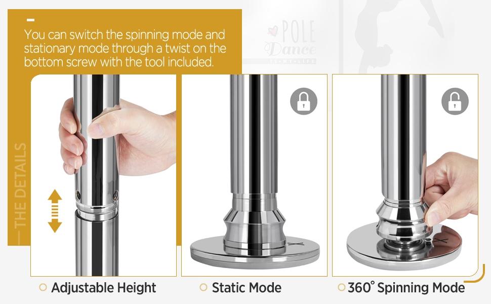 【Heavy Duty】Yaheetech Professional 45mm Portable Chrome Dance Pole, with 2 Modes Spinning Static Dancing Pole For Home Portable Removable Home Dancing Pole, Height Adjustable 7'-9'