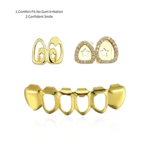 Women's Alloy Iced Out Dental Grillz Jewelry Set, 3-Piece Hip Hop Heart Cutout Teeth Caps, Copper-Plated Zirconia Unique Fashion Accessory for Parties