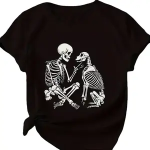 Women's Fitted Gothic 100% Cotton Short-Sleeve Top - Skeleton & Furry Dog Skeleton Forever Best Friends Design summerwins,summerwins