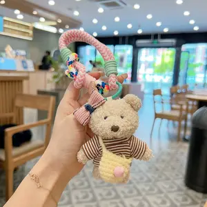 Cute Plush Bear Car Keychain, Cartoon Striped T-Shirt, Adorable Backpack Charm, Circle Bear Bag Pendant, Couple Gift