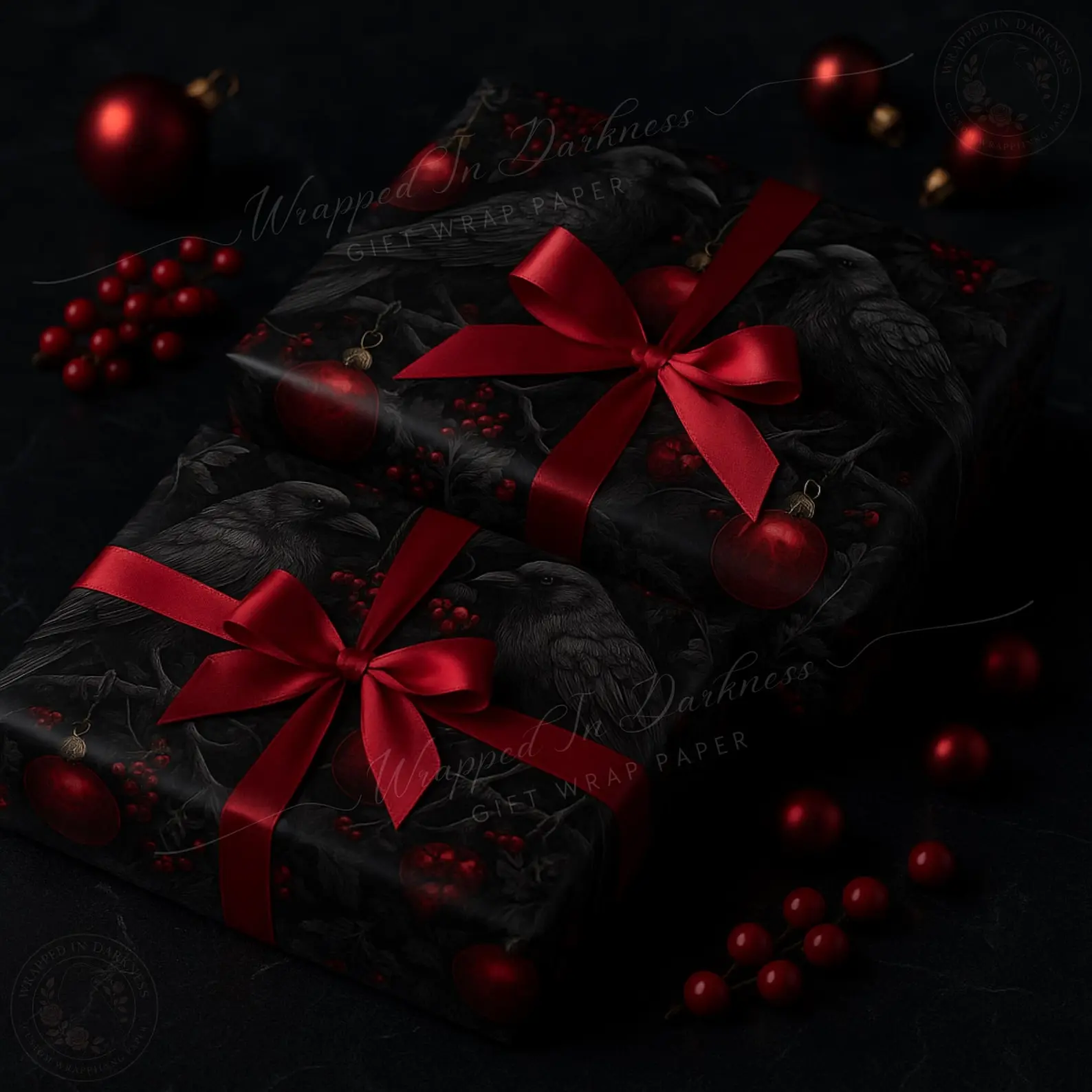 Ravens of the Crimson Night Wrapping Paper - Gothic Red & Black Christmas Gift Wrap | Dark Holiday Paper