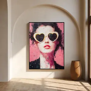 [Sale off up to 40%] [Frame Canvas] Pink Heart Sunglasses Woman Portrait Abstract Fashion - Textured Impasto Canvas Painting Wall Decor