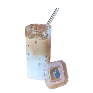 Transparent Minimalist Square Glass Straw Cup with Lid, Portable Coffee Latte Mug, Household Milk Breakfast Water Cup, Stylish Drinkware, Glass Cup with Lid and Straw