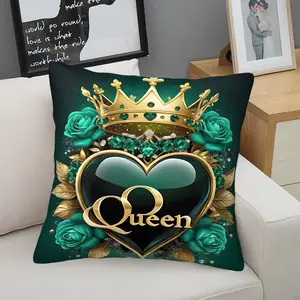 Queen Deep Green Luxury Style Throw Pillow with Inner Cushion,45cm Square Throw Pillow,Zipper Closure Gold Crown Heart-Shaped Gemstone Emerald Decoration and Matching Roses,Soft Comfort Decor Bedroom & Sofa,Elegant and Noble Furnishings