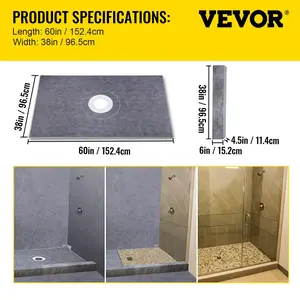 VEVOR Shower Curb Kit, 38\"x60\" Watertight Shower Curb Overlay with 4\" PVC Central Bonding Flange, 4\" Stainless Steel Grate, 2 Cuttable Shower Curb and Trowel, Shower Pan Slope Sticks Fit for Bathr