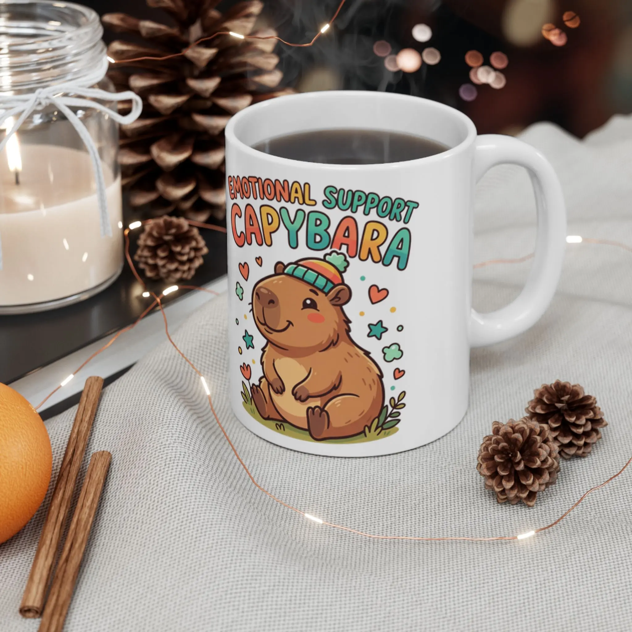 Emotional Support Capybara Mug - 11oz Glossy Ceramic, Microwave Safe, Cute Capybara Printed Art, Hearts, Stars, Cylindrical Form