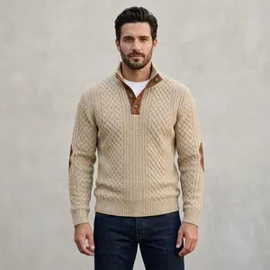Men's Vintage Mock Neck Polyester Sweater - Quarter Button-Down, Cable Knit, Slim-Fit Thermal Textured Jumper with Elbow Patches, Preppy Casual Tops Shirt for Golf Outfits, Birthday Occasions