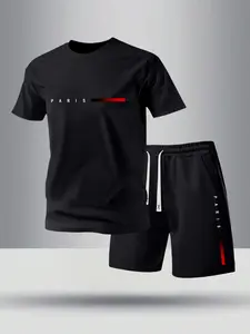 Men's summer thin alphabet Paris print short-sleeved T-shirt casual sports suit fashion casual vacation fishing camping outdoor top with pocket and elastic waist drawstring pants two-piece set for boyfriend or husband clothes men's clothing