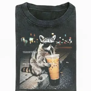 Funny Raccoon Drinking Iced Coffee Shirt, Animal Meme Graphic Tee, Gift for Men, Women, Unisex Cotton T-Shirt, Menswear, Womenswear