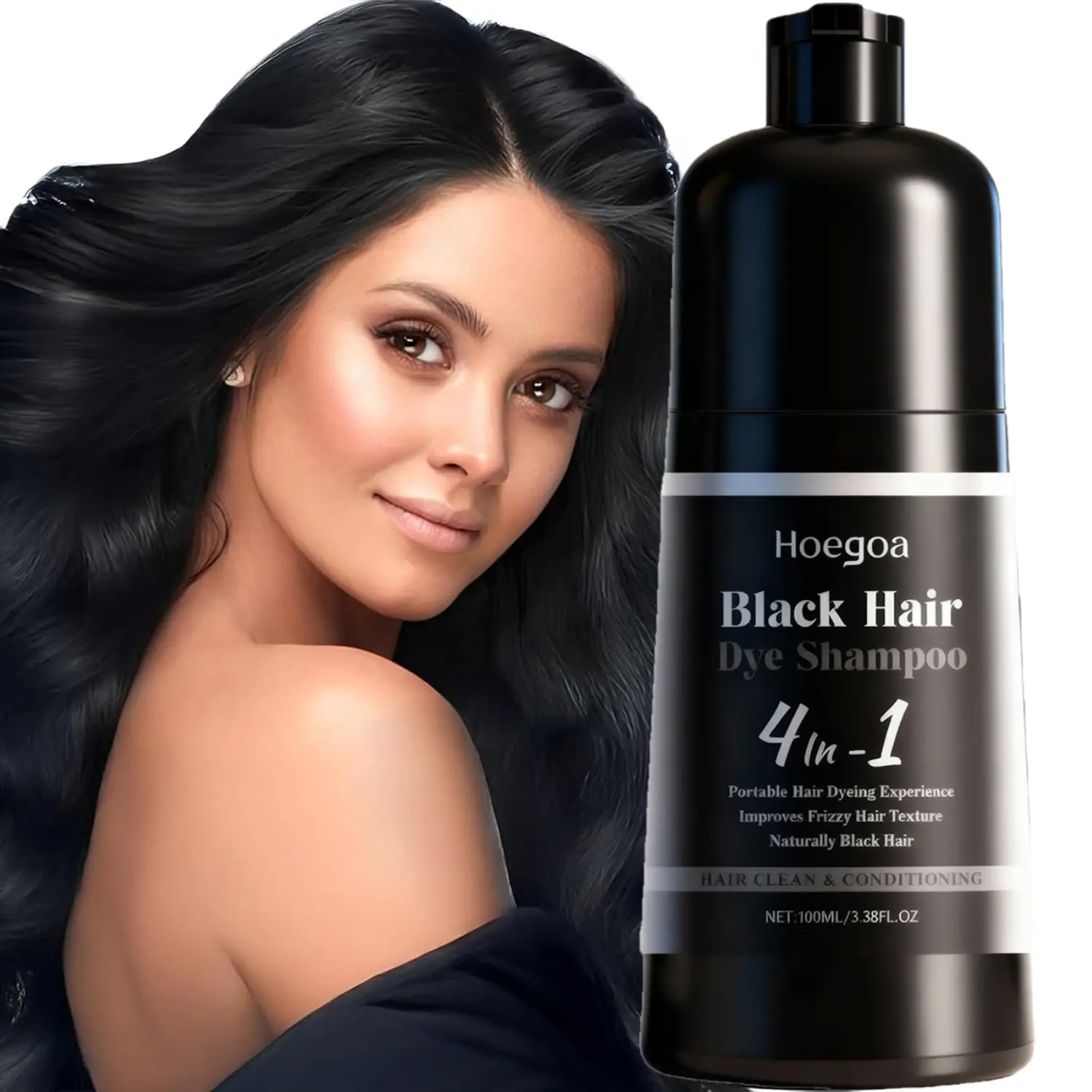 Black 4 In 1 Instant Hair Dye Shampoo for Men & Women, Natural Black Hair Color Shampoo Covers Gray Hair, Ammonia-Free Gentle Nourishing Formula, Moisturizing, Smooth & Fluffy Hair, Easy At-Home Use, No Mess Long Lasting Semi-Permanent Hair Color 100ml